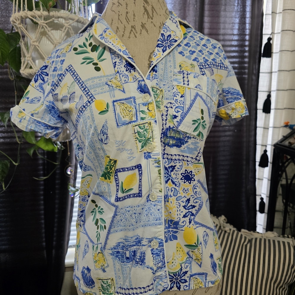 J. Crew Blue and Yellow Cotton Beach Vacation Summer Top